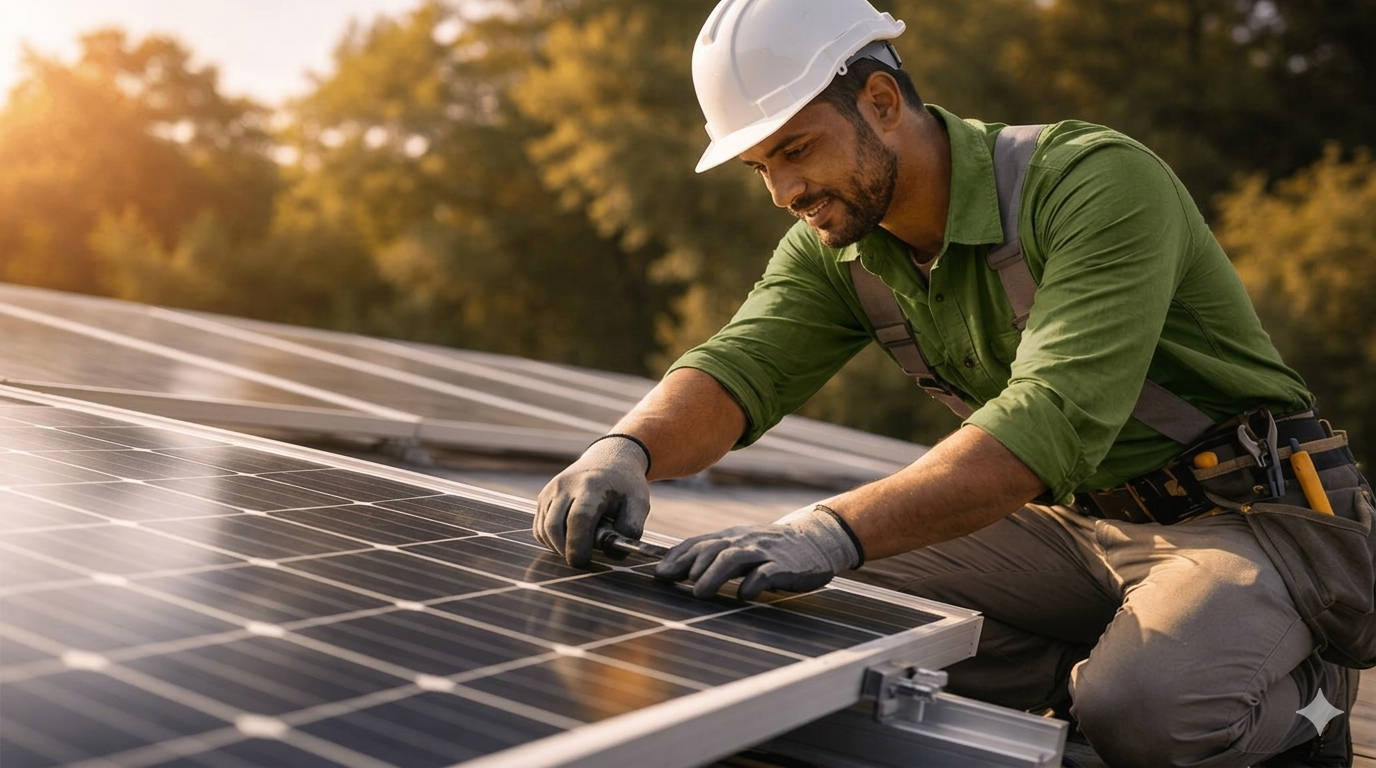 Profissional realizando a instalação de painéis solares em ambiente externo, representando projetos de energia renovável, geração de energia limpa e proteção para infraestrutura solar.